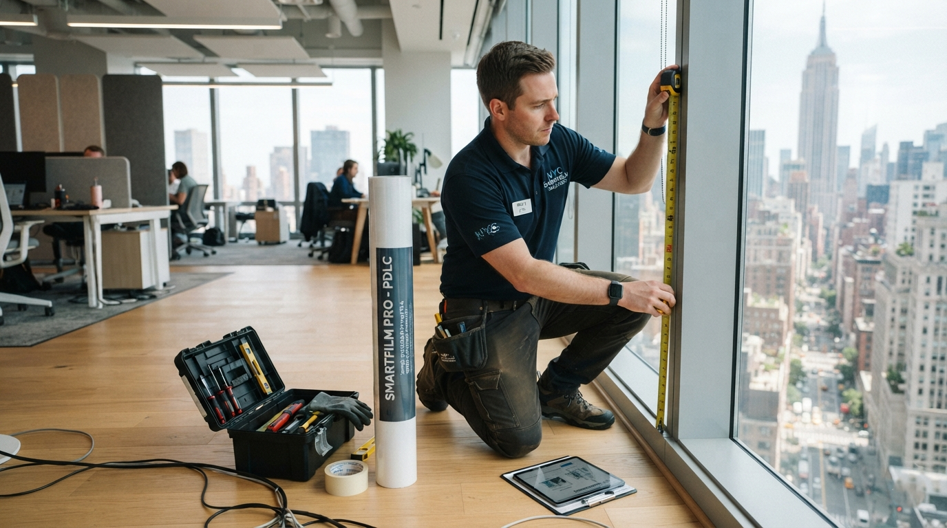 Installer measuring office window for smart film